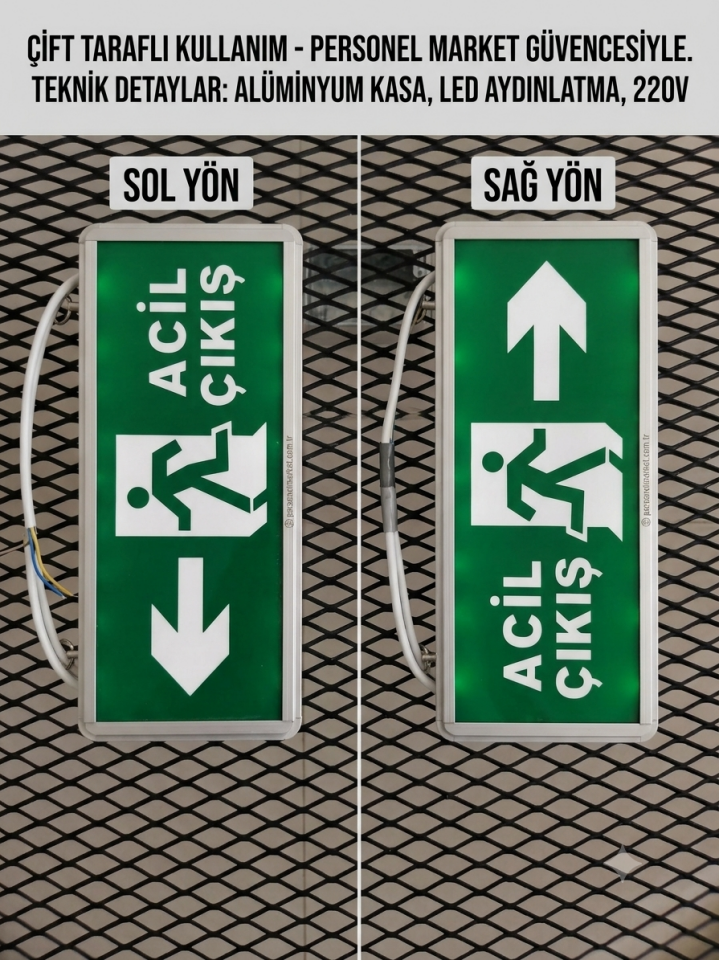 Çift Taraflı LED Işıklı Acil Çıkış Levhası - Alüminyum Kasa Exit Tabelası