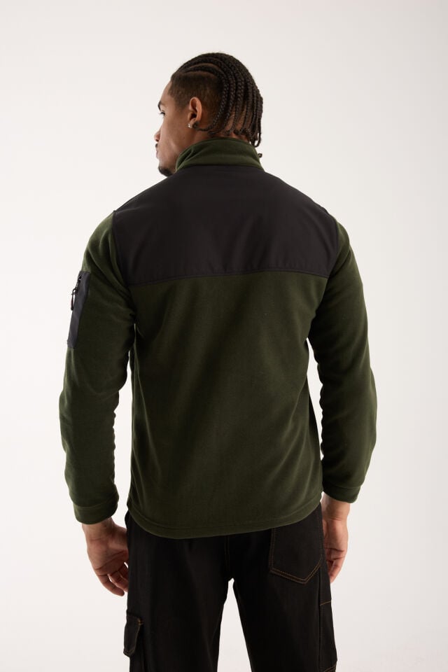 Omuz Detaylı Softshell Takviyeli Polar Ceket - Haki / Siyah