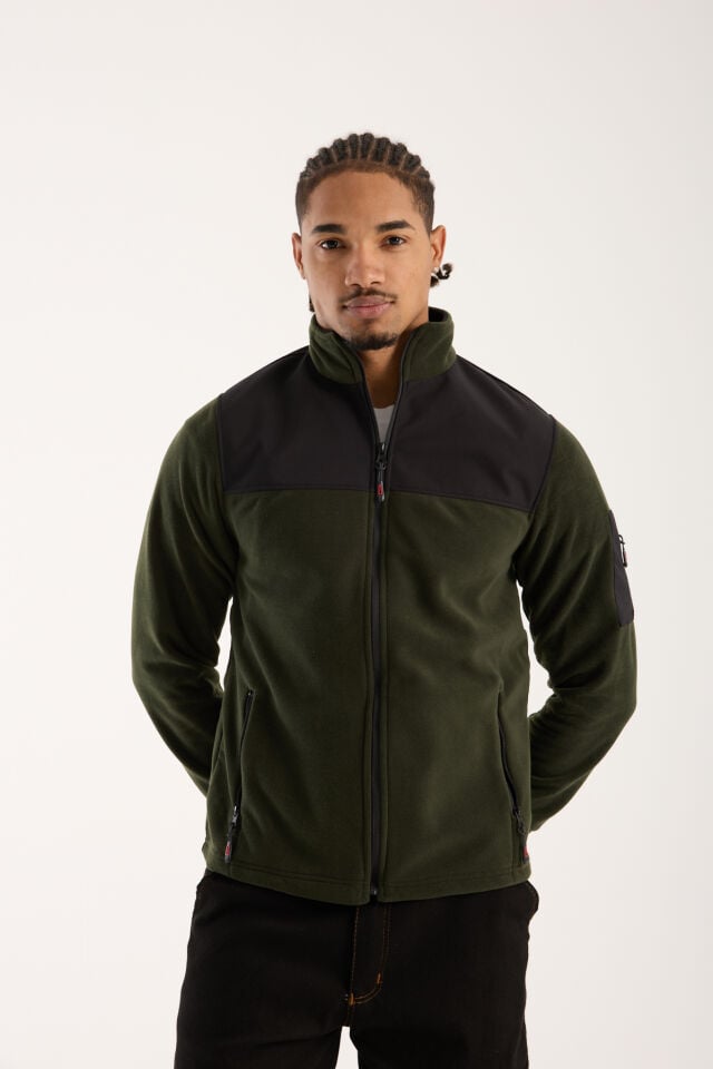 Omuz Detaylı Softshell Takviyeli Polar Ceket - Haki / Siyah