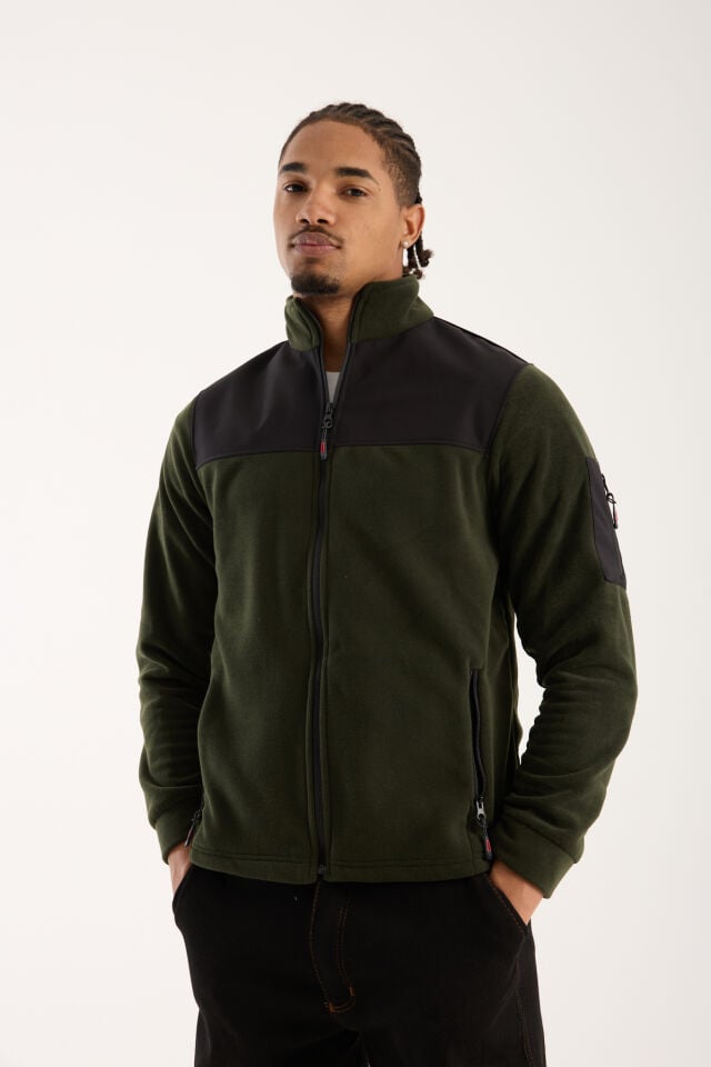 Omuz Detaylı Softshell Takviyeli Polar Ceket - Haki / Siyah
