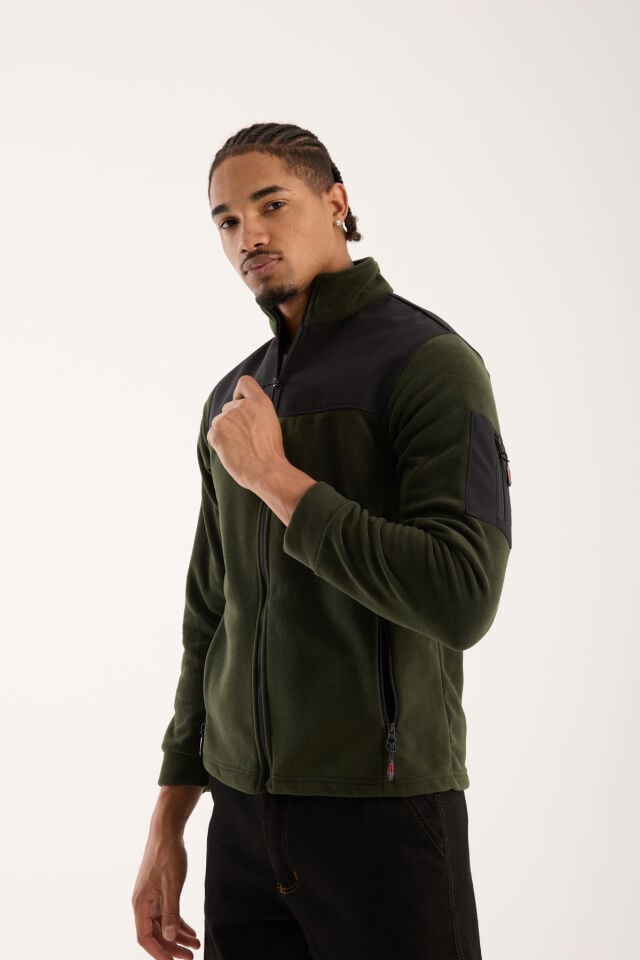Omuz Detaylı Softshell Takviyeli Polar Ceket - Haki / Siyah