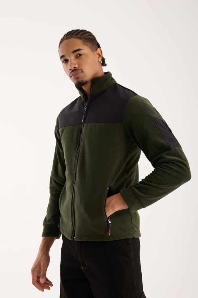Omuz Detaylı Softshell Takviyeli Polar Ceket - Haki / Siyah
