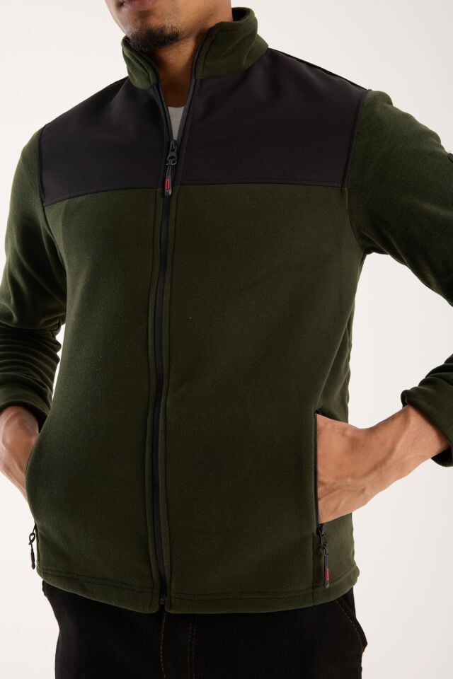 Omuz Detaylı Softshell Takviyeli Polar Ceket - Haki / Siyah