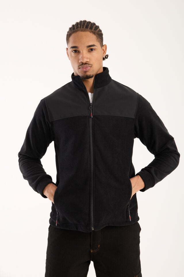 Omuz Detaylı Softshell Takviyeli Polar Ceket - Siyaha / Siyah