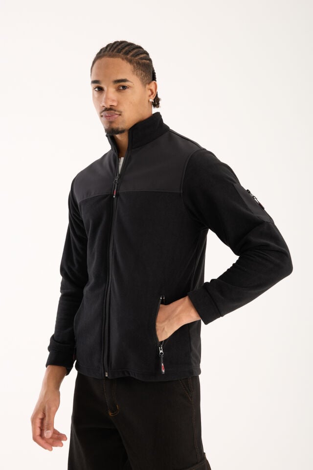 Omuz Detaylı Softshell Takviyeli Polar Ceket - Siyaha / Siyah