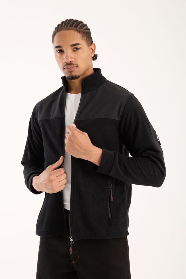 Omuz Detaylı Softshell Takviyeli Polar Ceket - Siyaha / Siyah