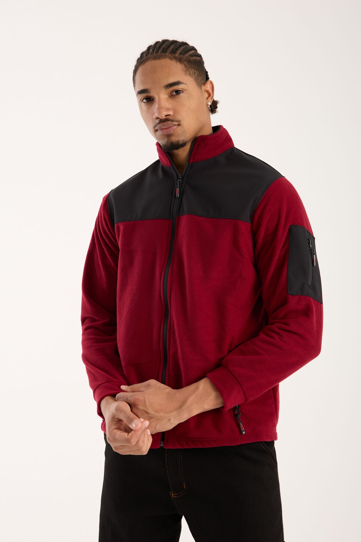 Omuz Detaylı Softshell Takviyeli Polar Ceket - Bordo / Siyah