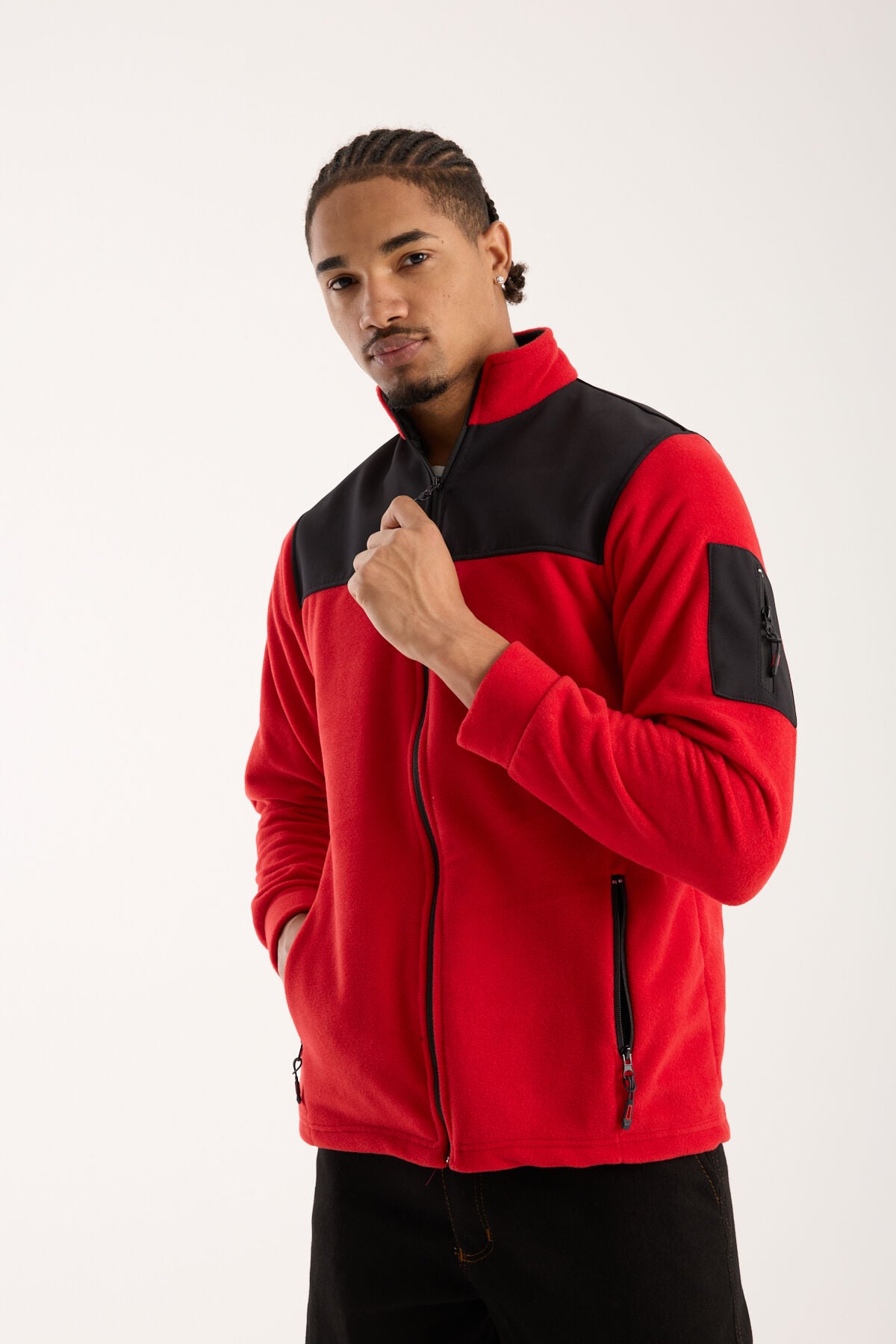 Omuz Detaylı Softshell Takviyeli Polar Ceket - Kırmızı / Siyah