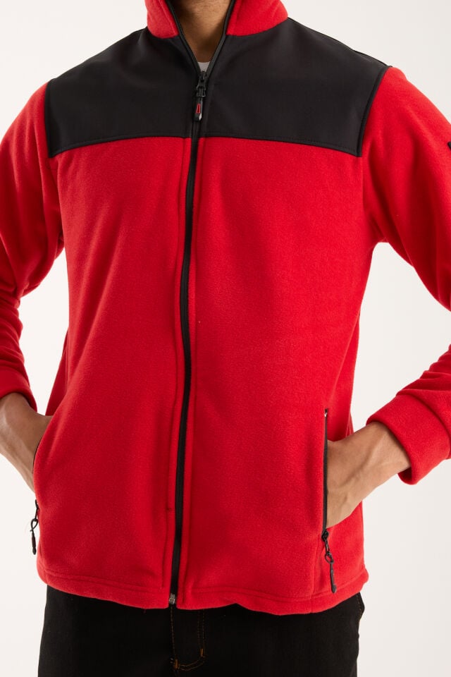 Omuz Detaylı Softshell Takviyeli Polar Ceket - Kırmızı / Siyah