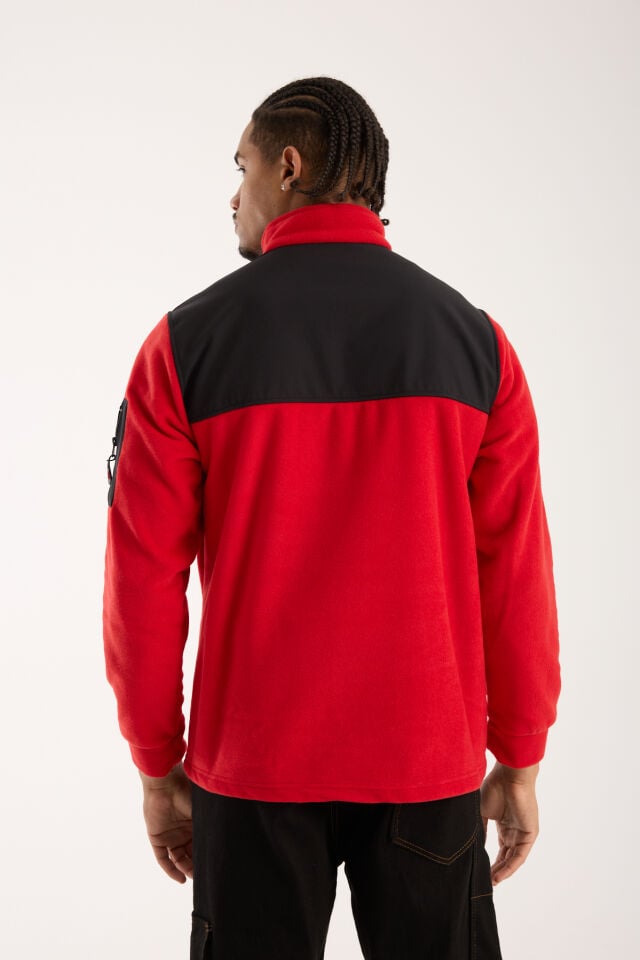 Omuz Detaylı Softshell Takviyeli Polar Ceket - Kırmızı / Siyah