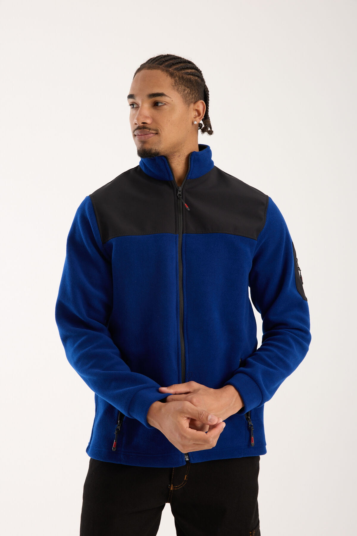 Omuz Detaylı Softshell Takviyeli Polar Ceket - Saks Mavi / Siyah