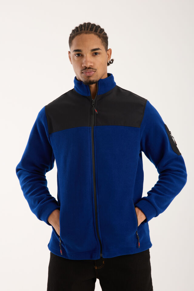 Omuz Detaylı Softshell Takviyeli Polar Ceket - Saks Mavi / Siyah