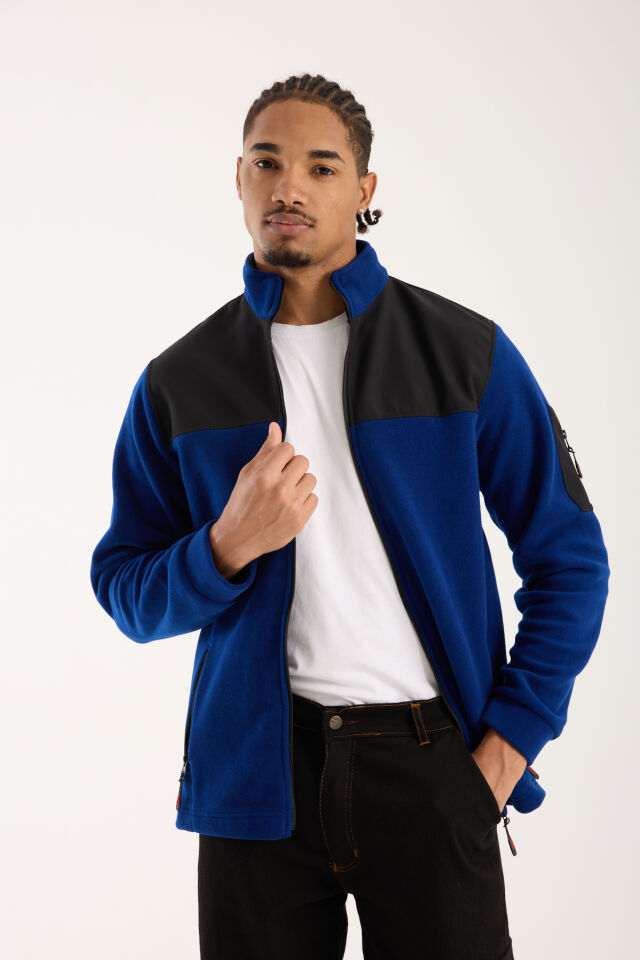 Omuz Detaylı Softshell Takviyeli Polar Ceket - Saks Mavi / Siyah