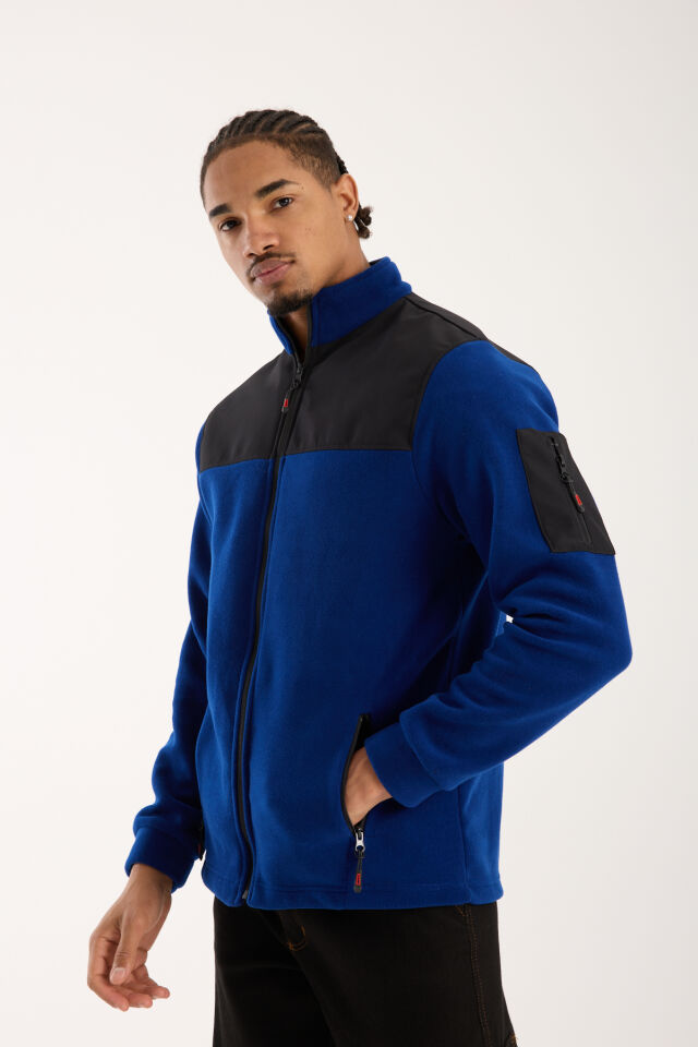Omuz Detaylı Softshell Takviyeli Polar Ceket - Saks Mavi / Siyah