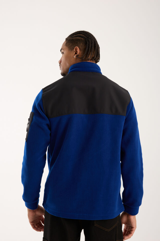 Omuz Detaylı Softshell Takviyeli Polar Ceket - Saks Mavi / Siyah