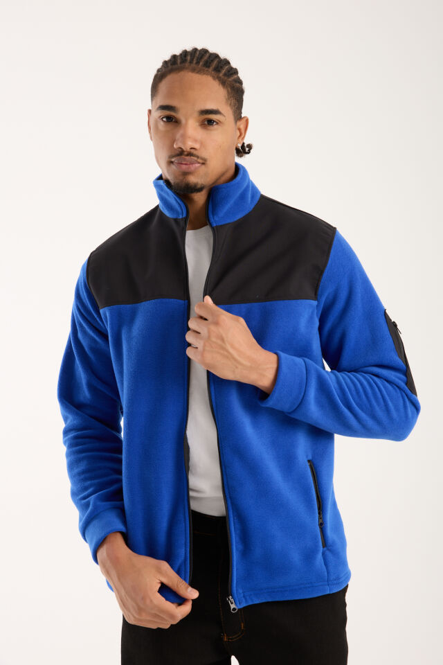 Omuz Detaylı Softshell Takviyeli Polar Ceket - Mavi / Siyah