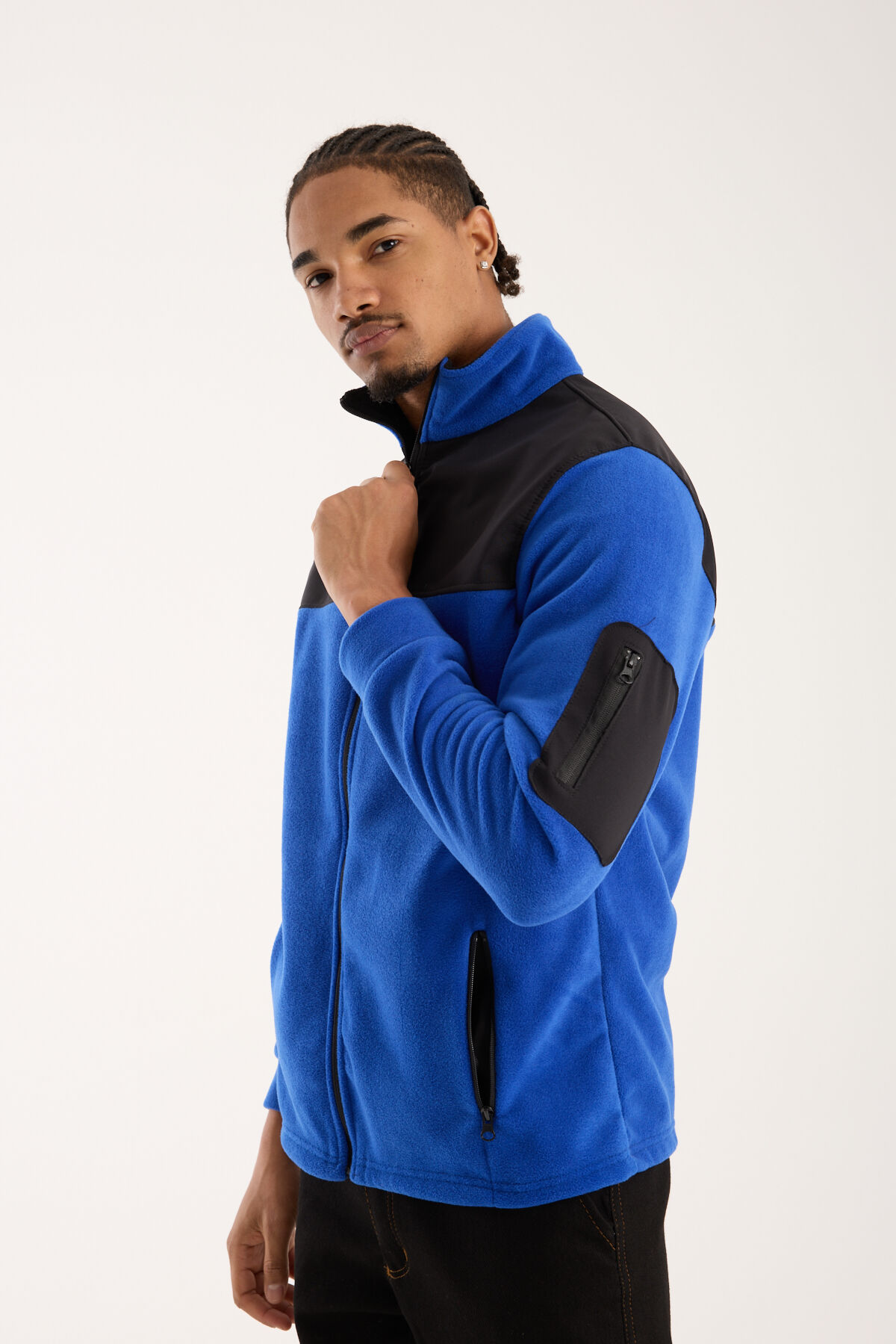 Omuz Detaylı Softshell Takviyeli Polar Ceket - Mavi / Siyah